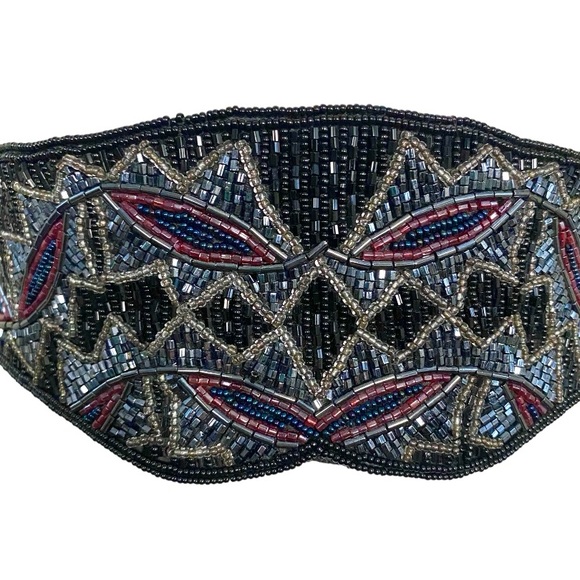 Vintage 80s black, grey, blue & pink beaded belt tie back adjustable cummerbund - Picture 5 of 9